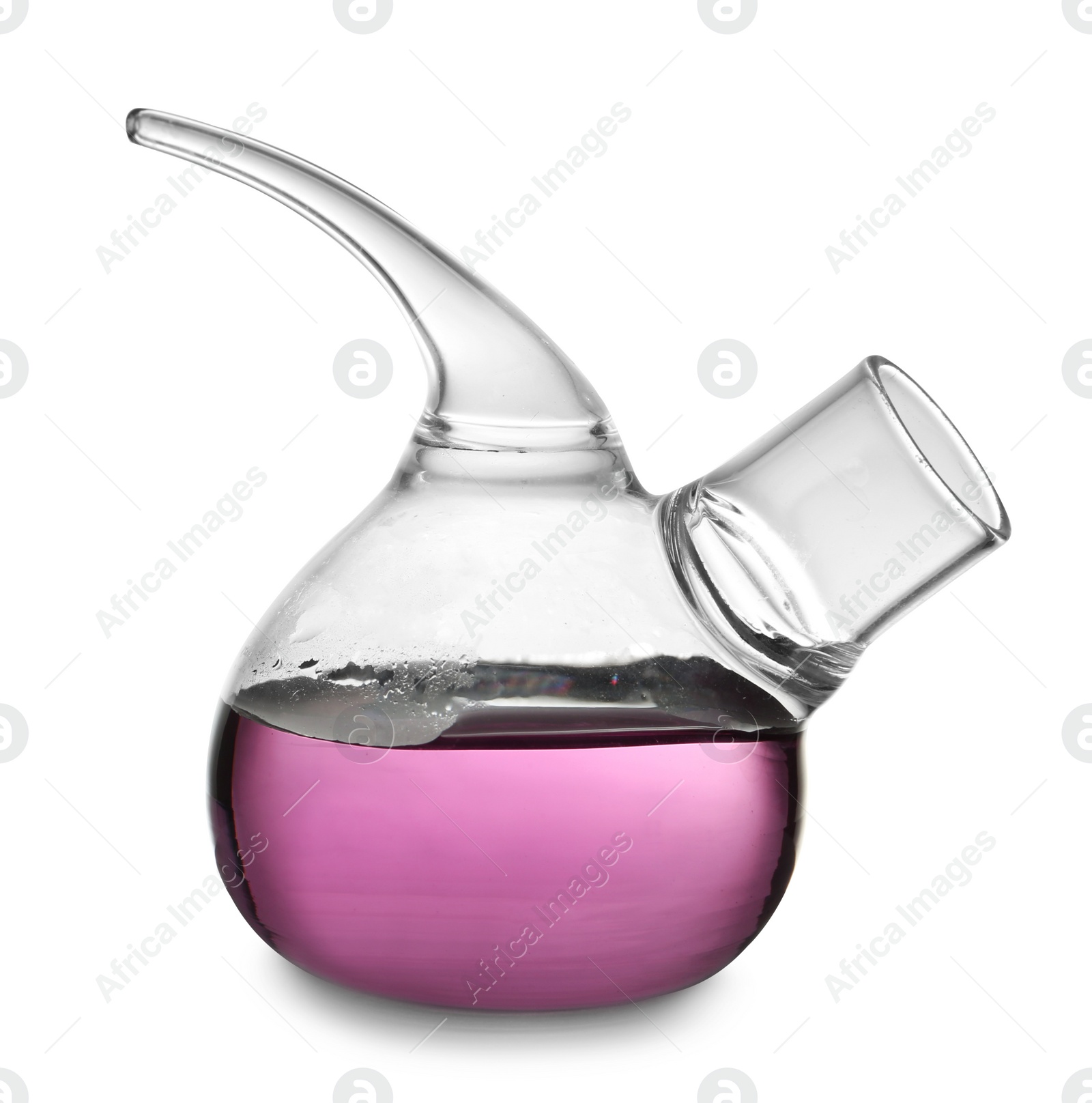 Image of Glass retort flask with purple liquid sample isolated on white. Laboratory analysis