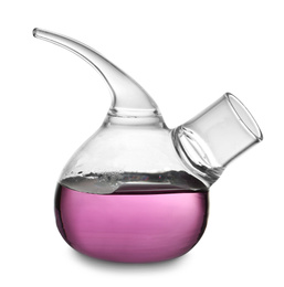 Glass retort flask with purple liquid sample isolated on white. Laboratory analysis