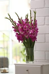 Photo of Vase with beautiful pink gladiolus flowers on drawer chest in room