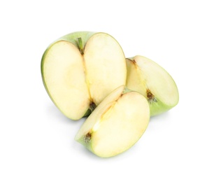 Photo of Pieces of fresh green apple on white background