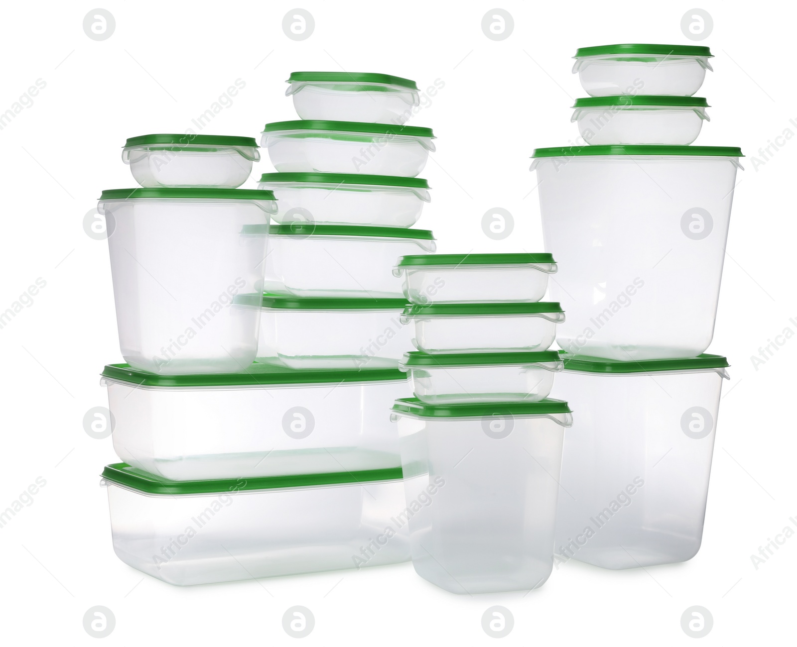 Photo of Set of empty plastic containers for food on white background