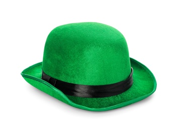 Photo of Green leprechaun hat isolated on white. Saint Patrick's Day accessory
