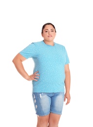 Fat woman on white background. Weight loss