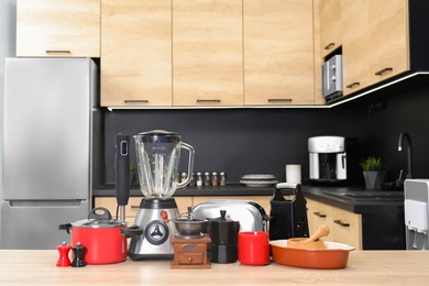 Set with modern domestic appliances in kitchen