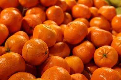 Many fresh ripe tangerines on counter, closeup