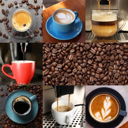 Beautiful collage with different photos of aromatic coffee and beans