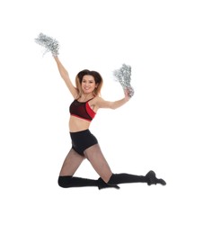 Photo of Beautiful cheerleader with pom poms jumping on white background