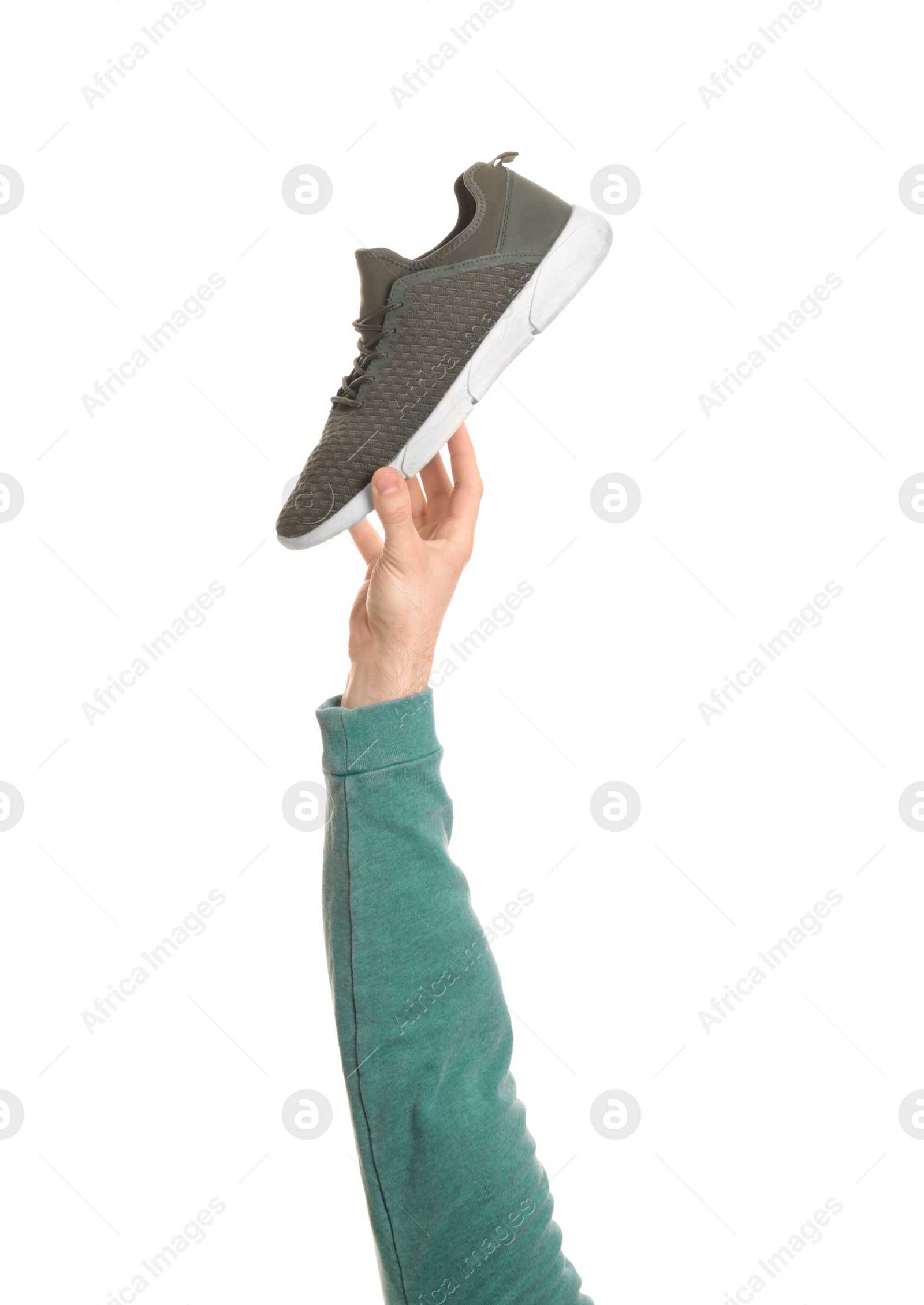 Photo of Man holding stylish shoe on white background, closeup