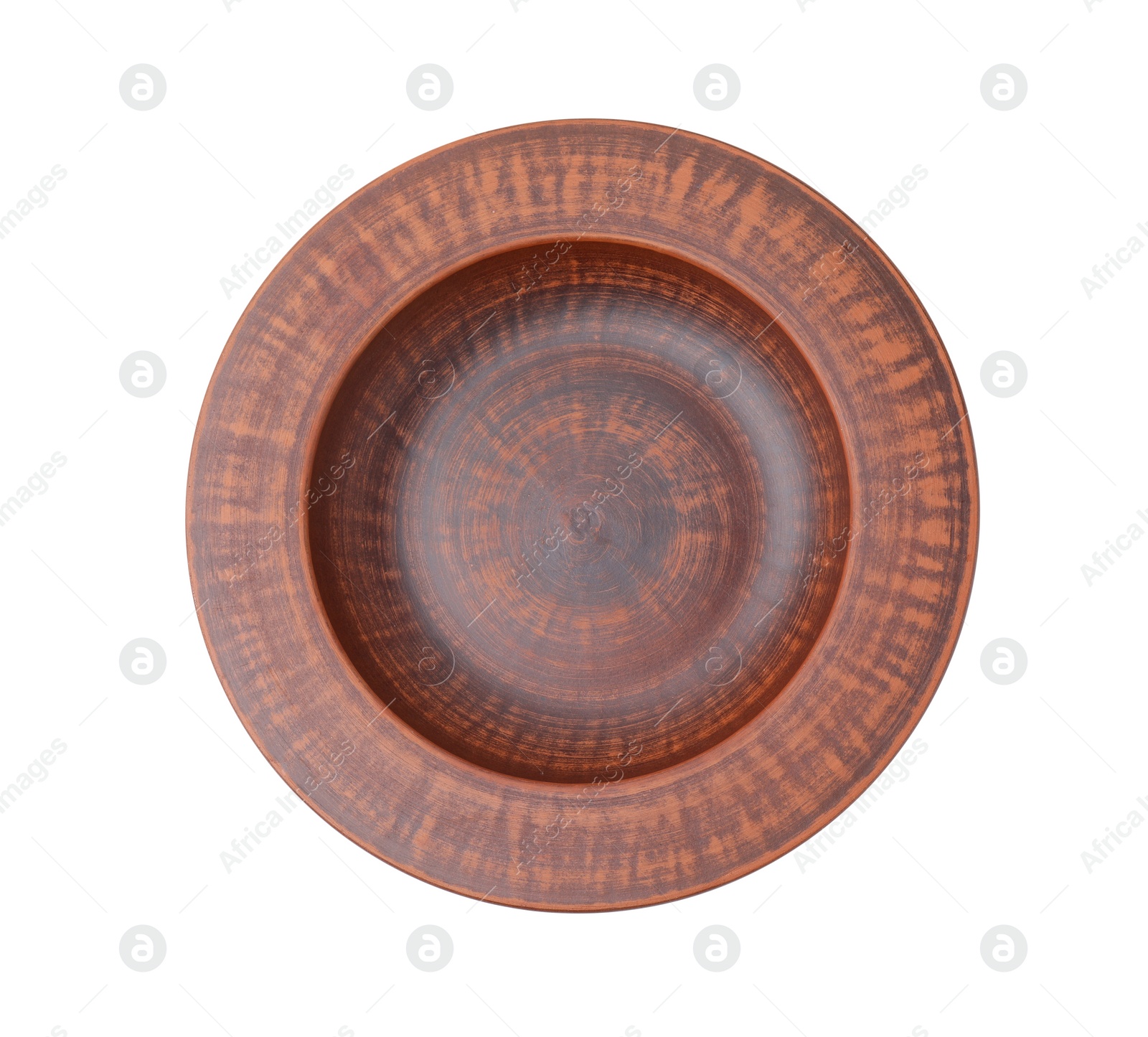 Photo of One clay bowl isolated on white, top view. Cooking utensil