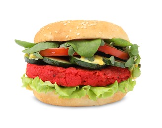 Photo of Tasty vegan burger with vegetables, patty and microgreens isolated on white