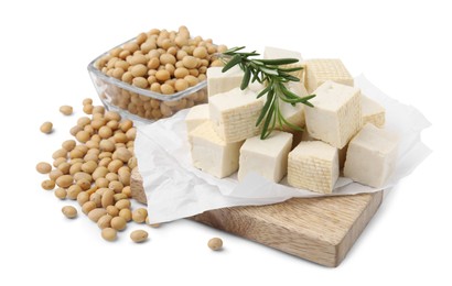 Photo of Delicious tofu cheese, rosemary and soybeans isolated on white