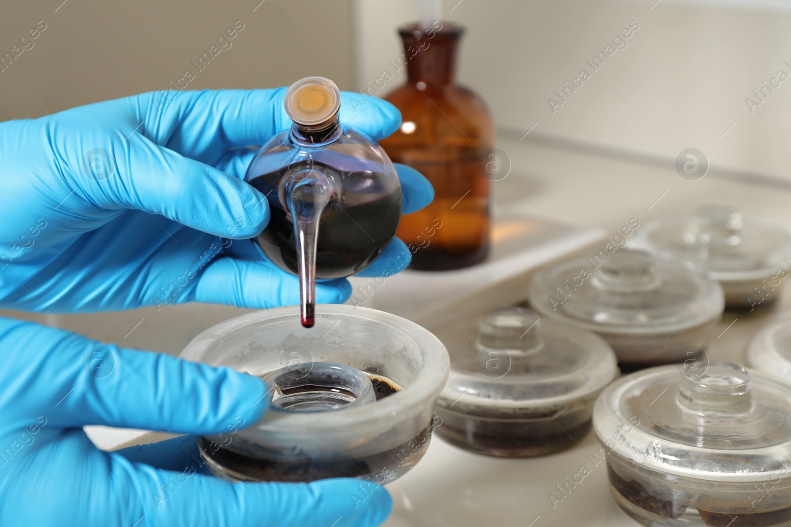 Photo of Scientist doing nitrogen titration of soil sample at table, closeup. Laboratory research