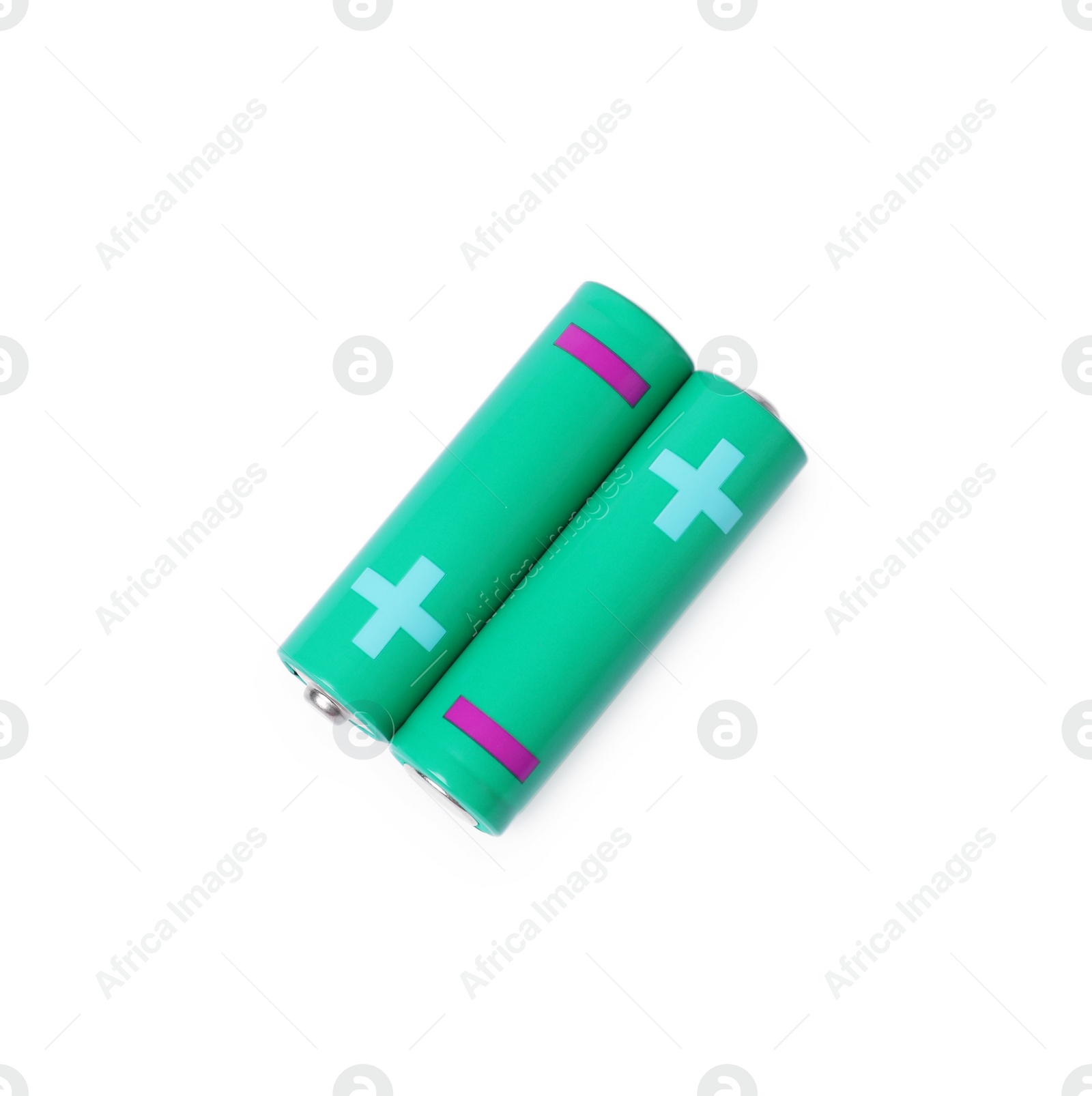 Photo of New AA size batteries isolated on white, top view