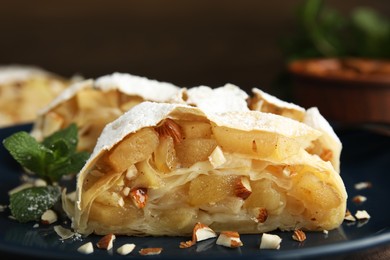 Delicious apple strudel with almonds, powdered sugar and mint on plate, closeup