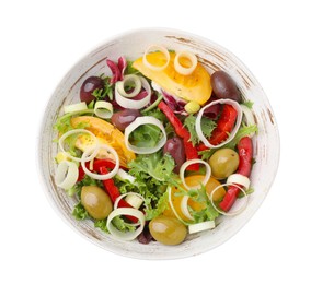 Bowl of tasty salad with leek and olives isolated on white, top view