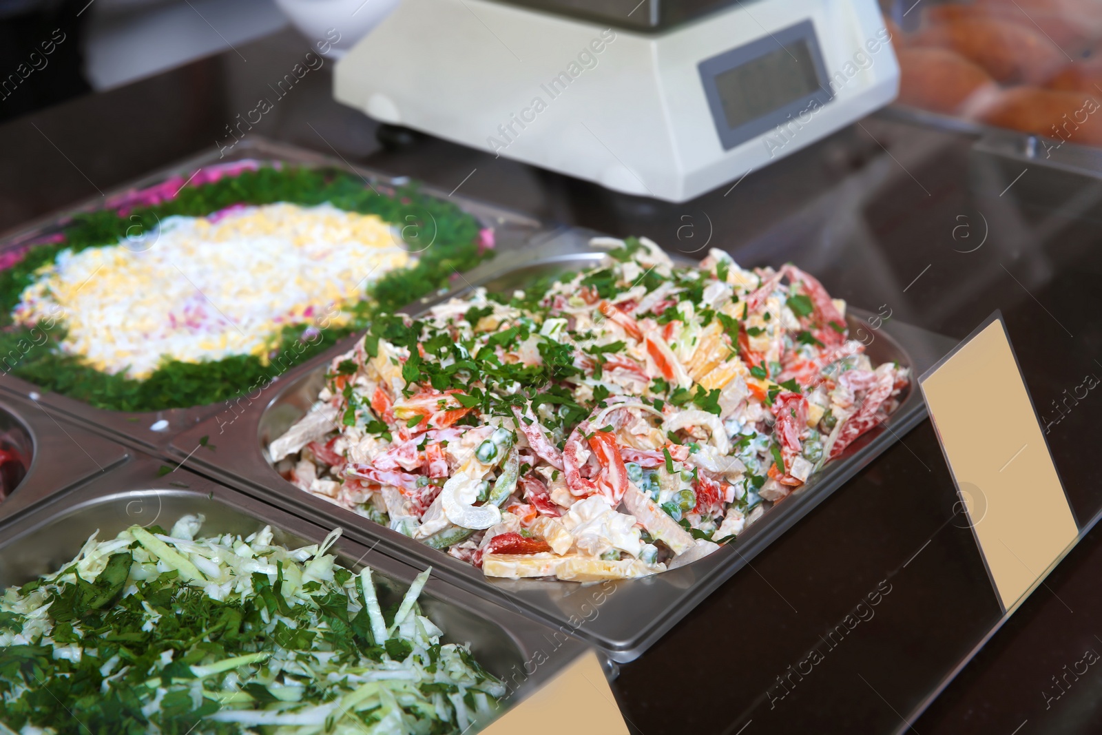 Photo of Containers with healthy food in school canteen