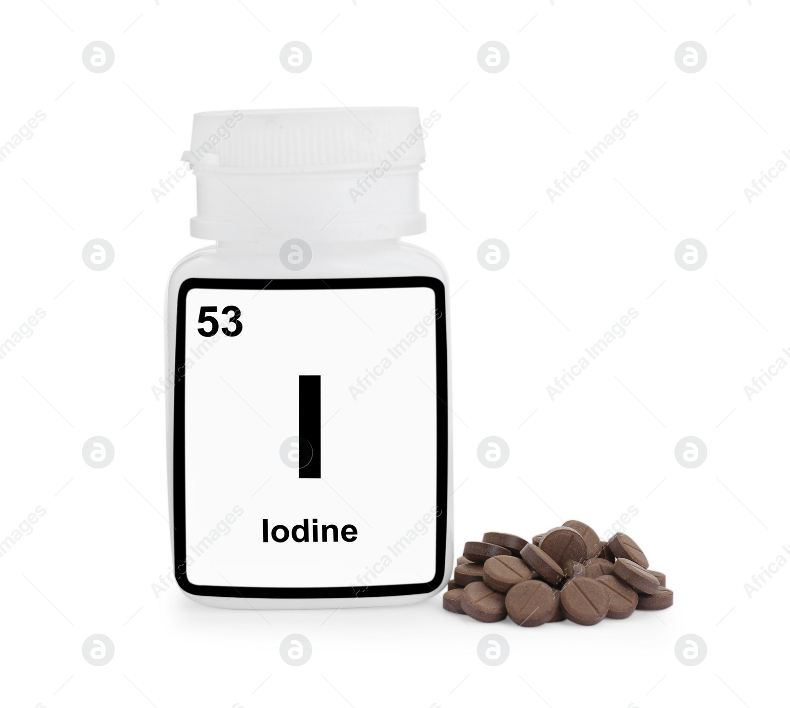 Photo of Plastic jar and iodine pills isolated on white