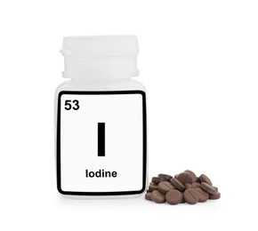 Photo of Plastic jar and iodine pills isolated on white