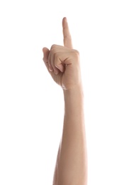 Man pointing at something on white background, closeup of hand