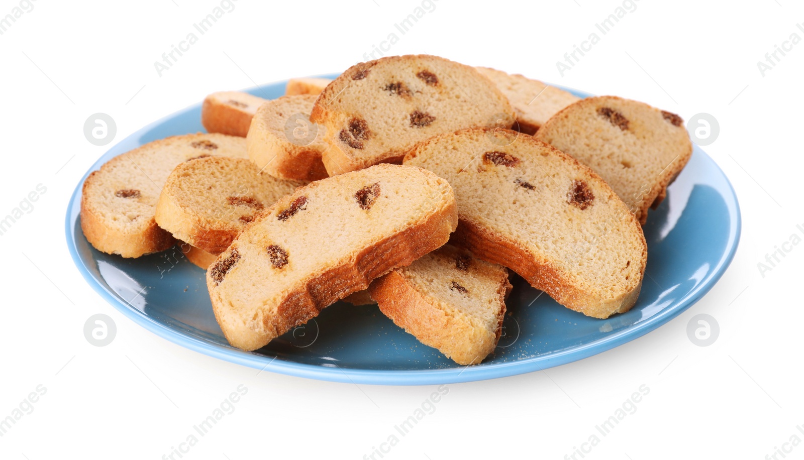 Photo of Plate of sweet hard chuck crackers with raisins on white background