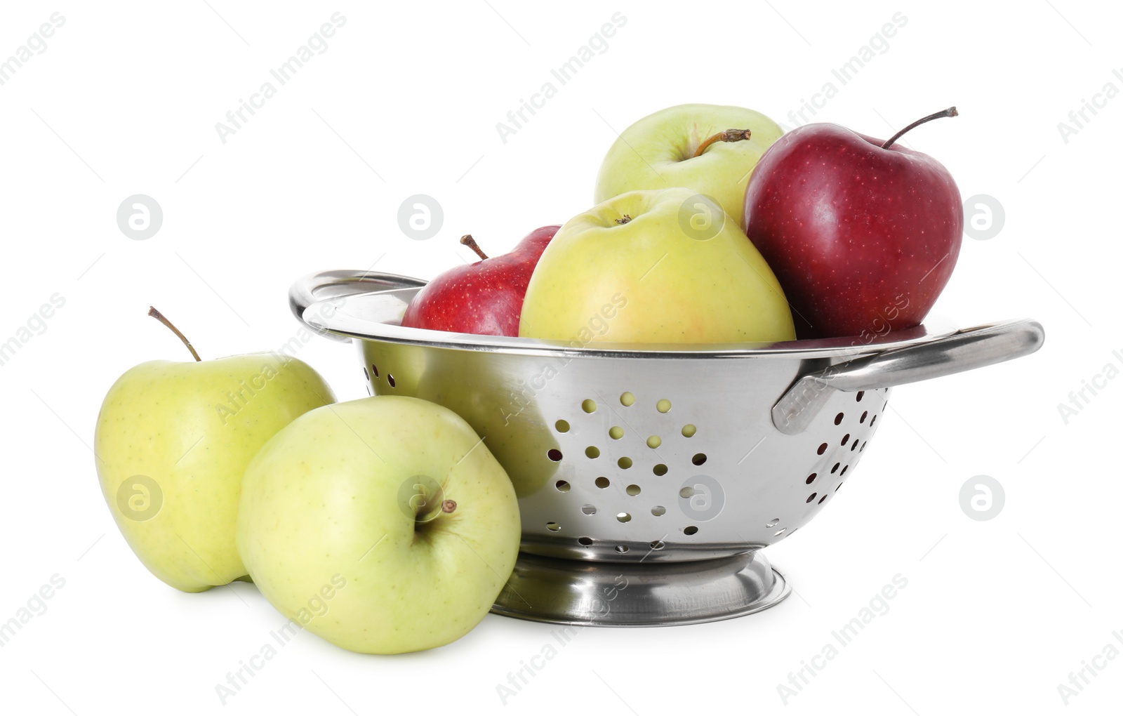 Photo of Metal colander with fresh apples isolated on white