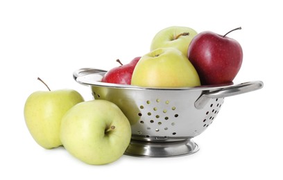 Photo of Metal colander with fresh apples isolated on white