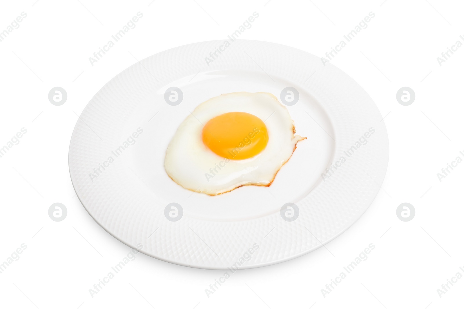 Photo of Plate with delicious fried egg isolated on white