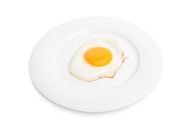 Photo of Plate with delicious fried egg isolated on white