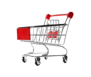 Photo of Empty metal shopping trolley isolated on white