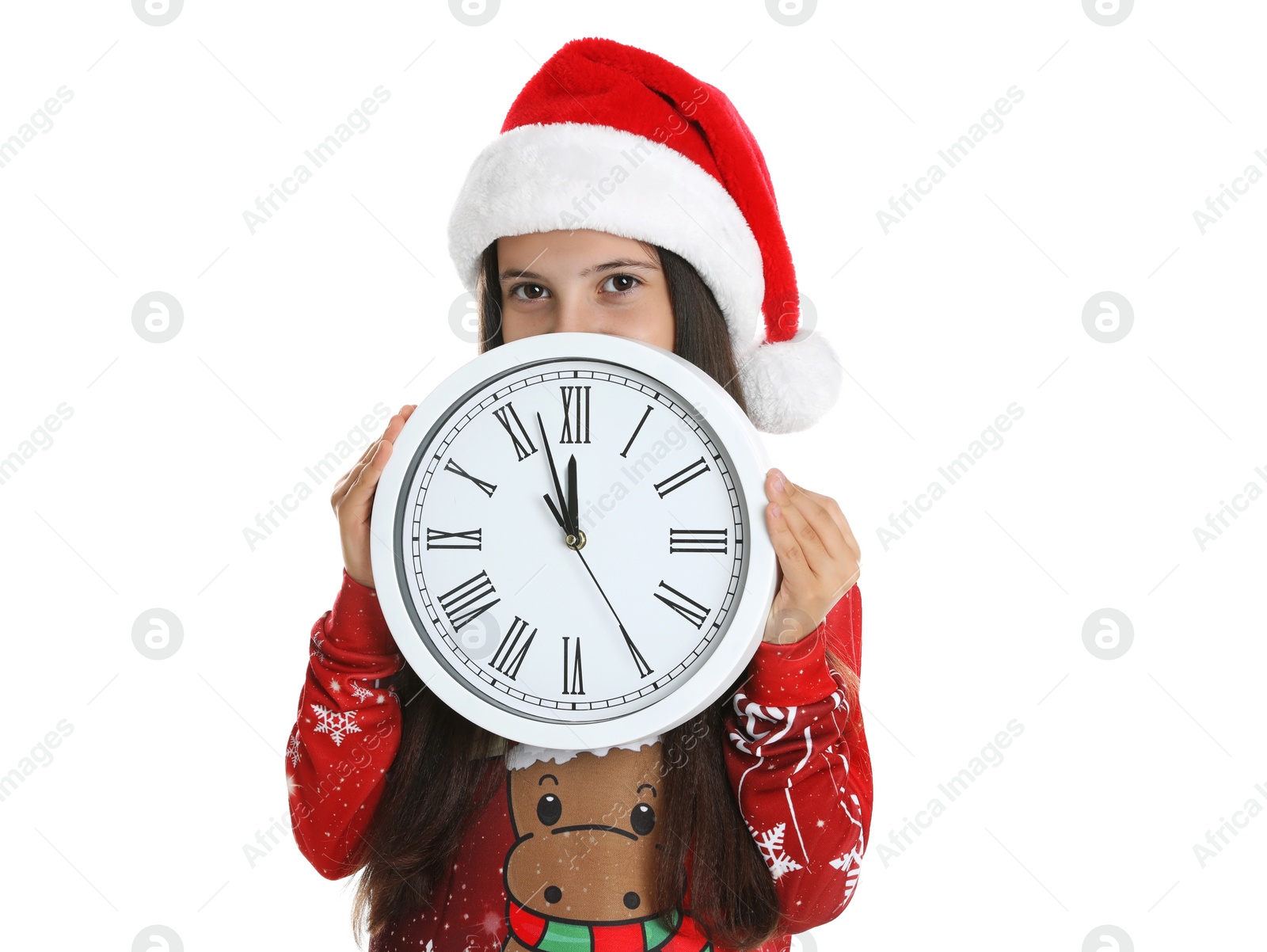 Photo of Girl in Santa hat with clock on white background. New Year countdown