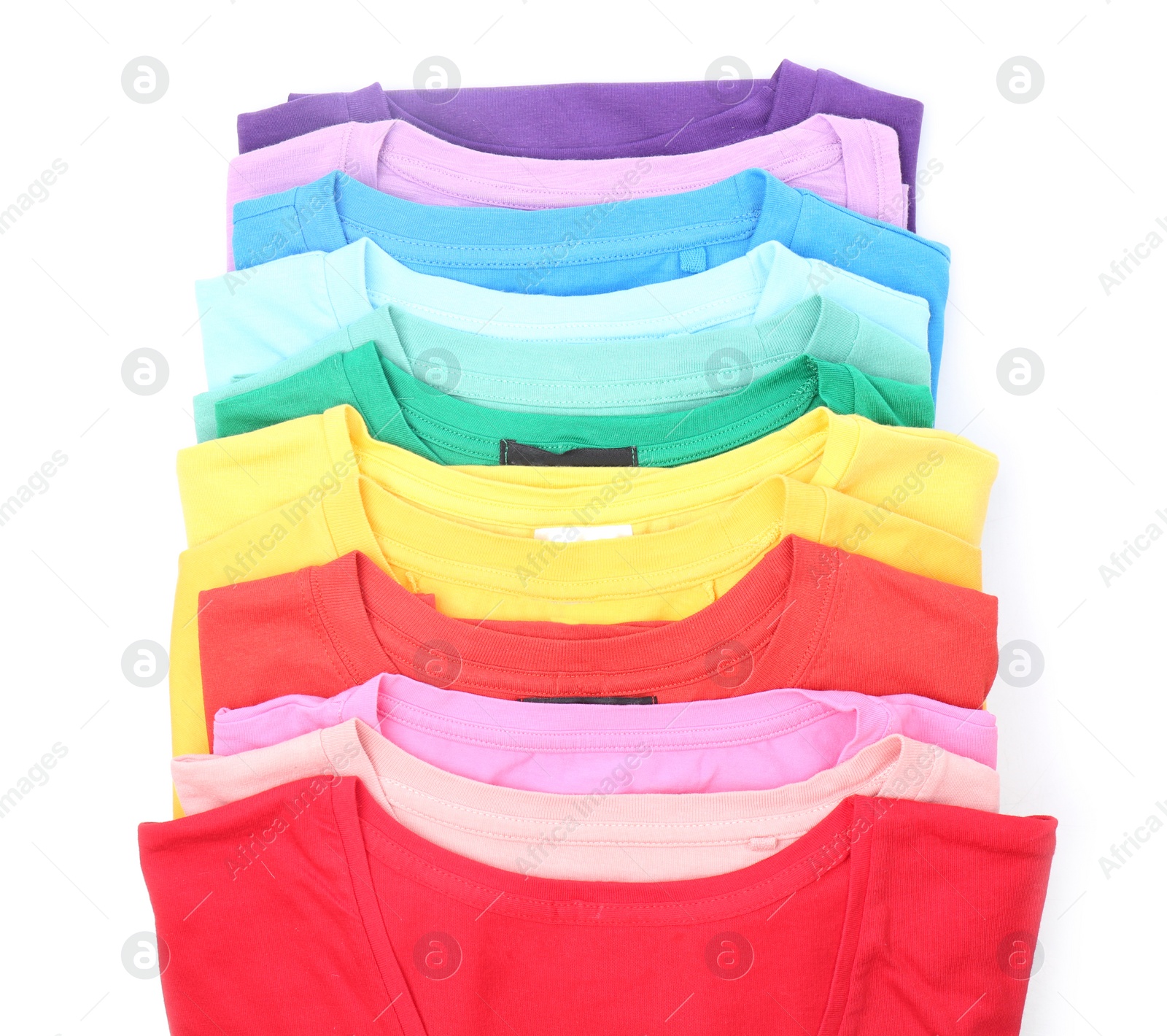 Photo of Colorful collection of t-shirts on white background