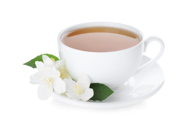 Photo of Cup of tea and fresh jasmine flowers isolated on white
