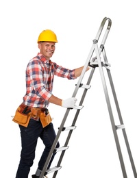 Professional constructor climbing ladder on white background