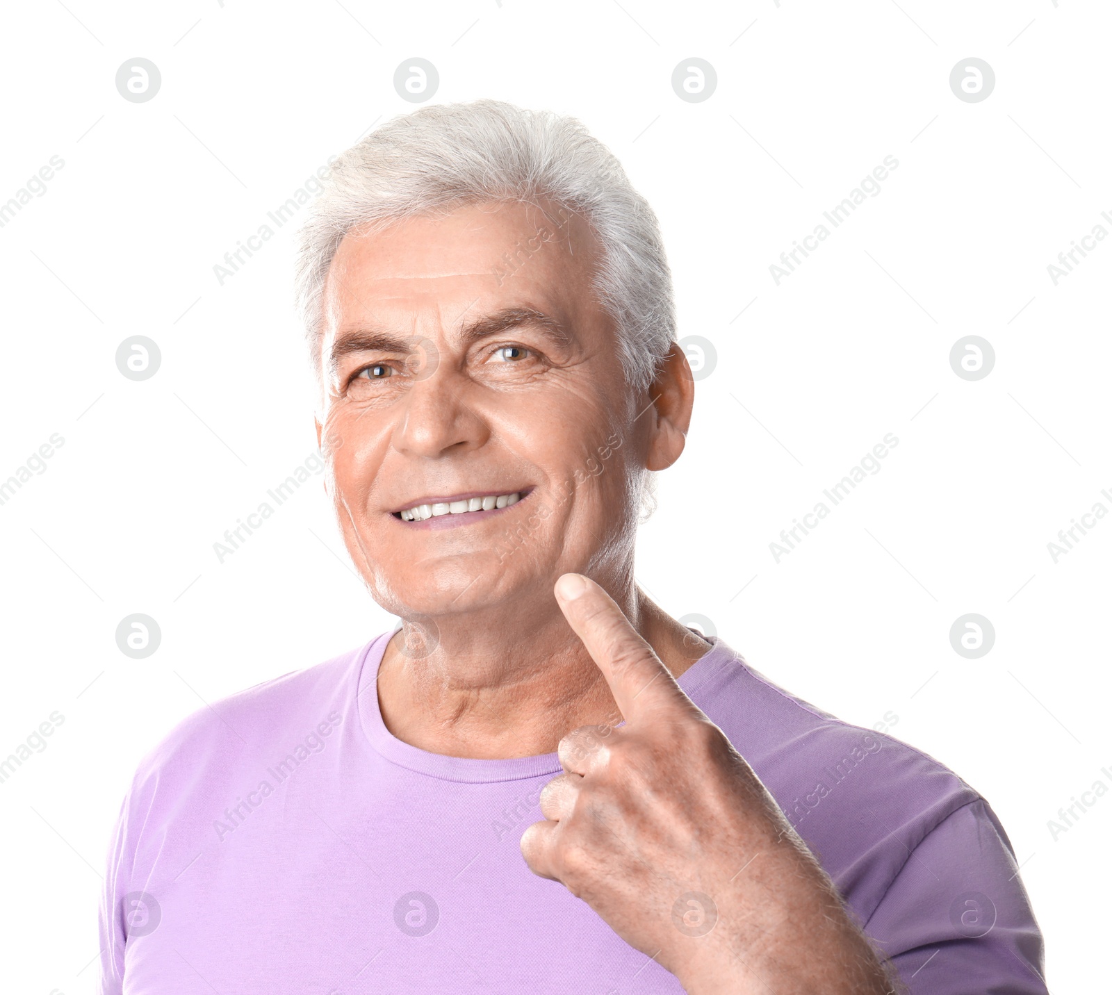 Photo of Mature man with healthy teeth on white background