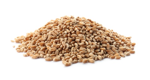 Photo of Raw wheat on white background. Healthy grains and cereals