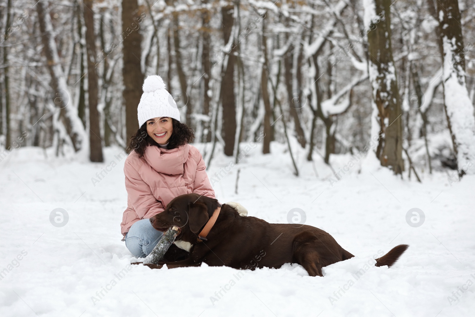 Photo of Woman with adorable Labrador Retriever dog in snowy park