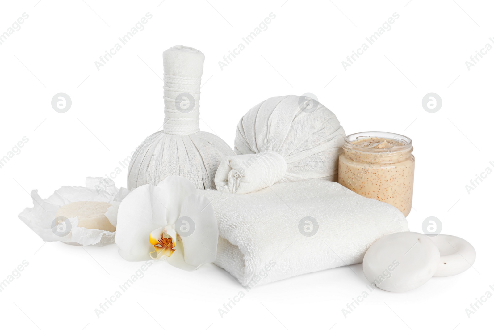 Photo of Beautiful spa composition with different body care products isolated on white