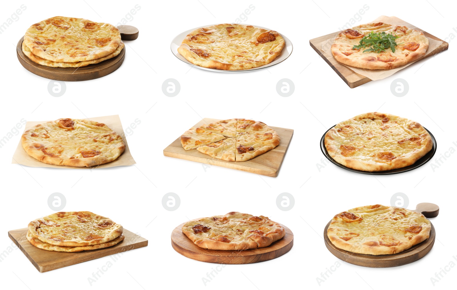 Image of Collage with different fresh Megrelian khachapuris on white background