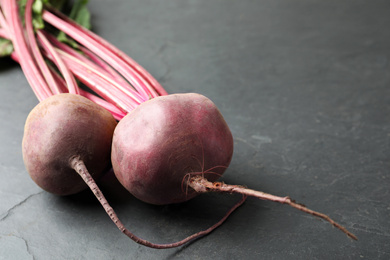 Photo of Raw ripe beets on black slate table, closeup. Space for text