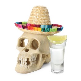 Photo of Mexican sombrero hat, human scull and tequila with lime in glass isolated on white