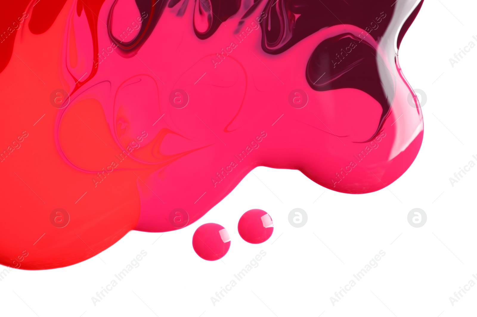 Photo of Mixed different color nail polishes on white background