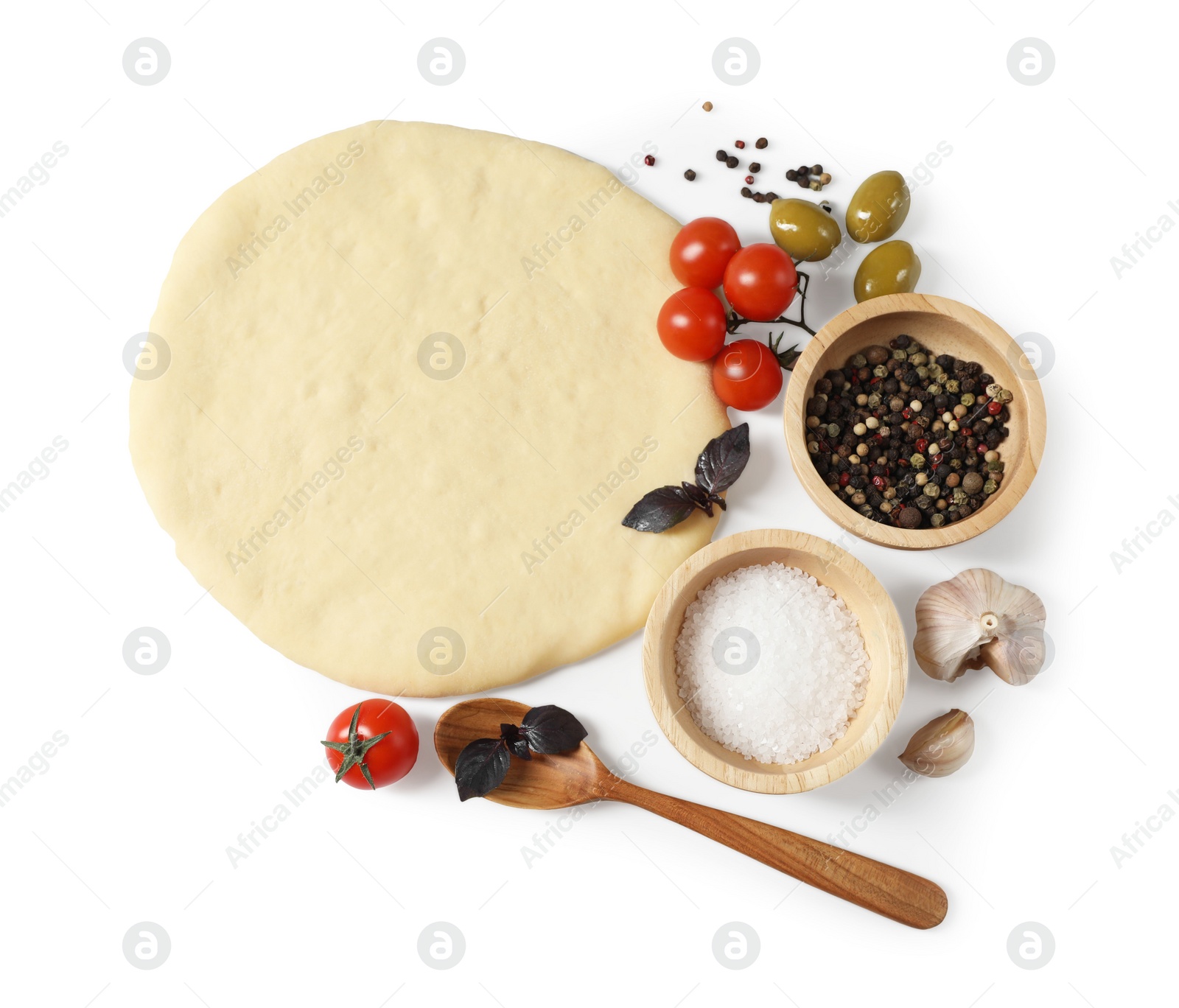 Photo of Fresh pizza dough and products isolated on white, top view