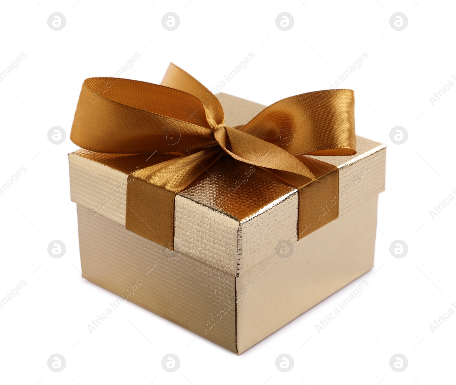 Photo of Golden gift box with satin bow on white background