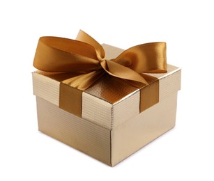 Photo of Golden gift box with satin bow on white background