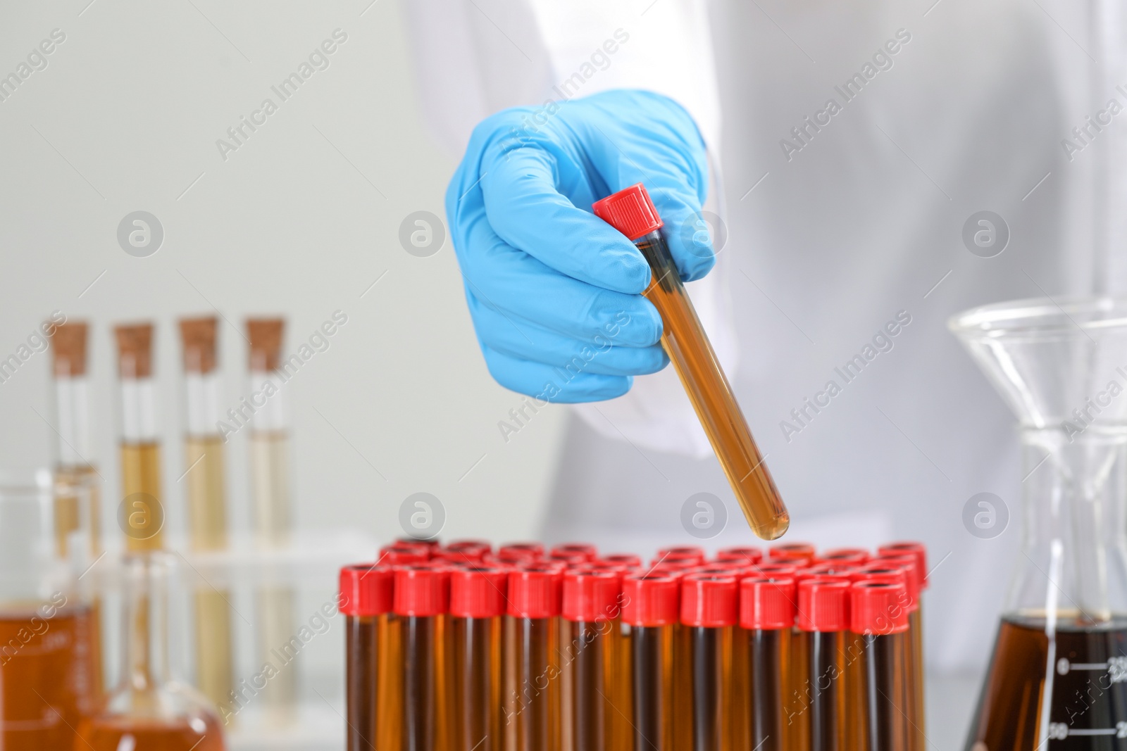 Photo of Scientist taking test tube with brown liquid from stand, closeup