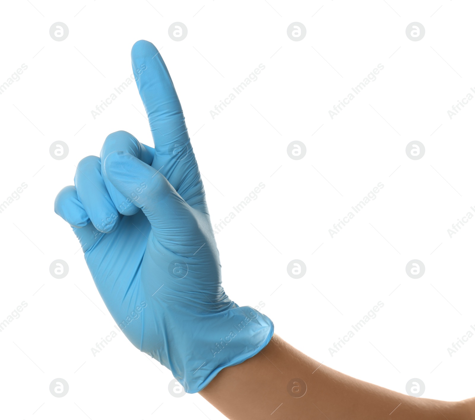 Photo of Person in blue latex gloves pointing at something against white background, closeup on hand