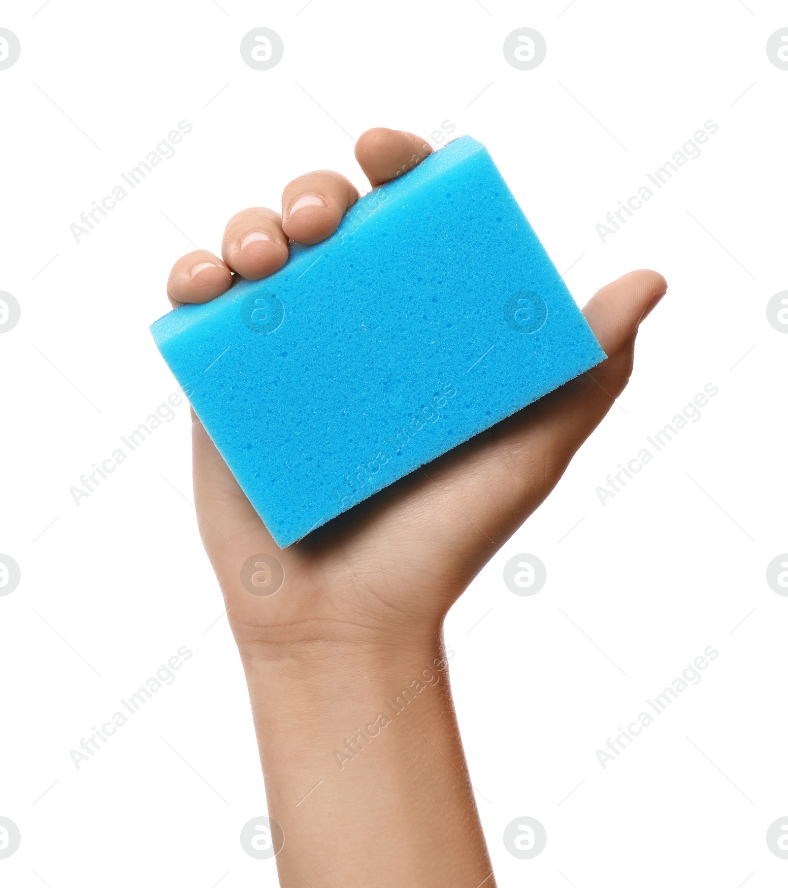 Photo of Woman holding cleaning sponge for dish washing on white background, closeup