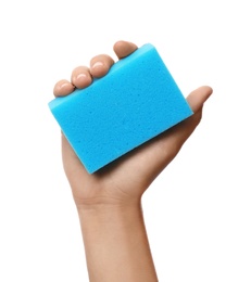 Photo of Woman holding cleaning sponge for dish washing on white background, closeup