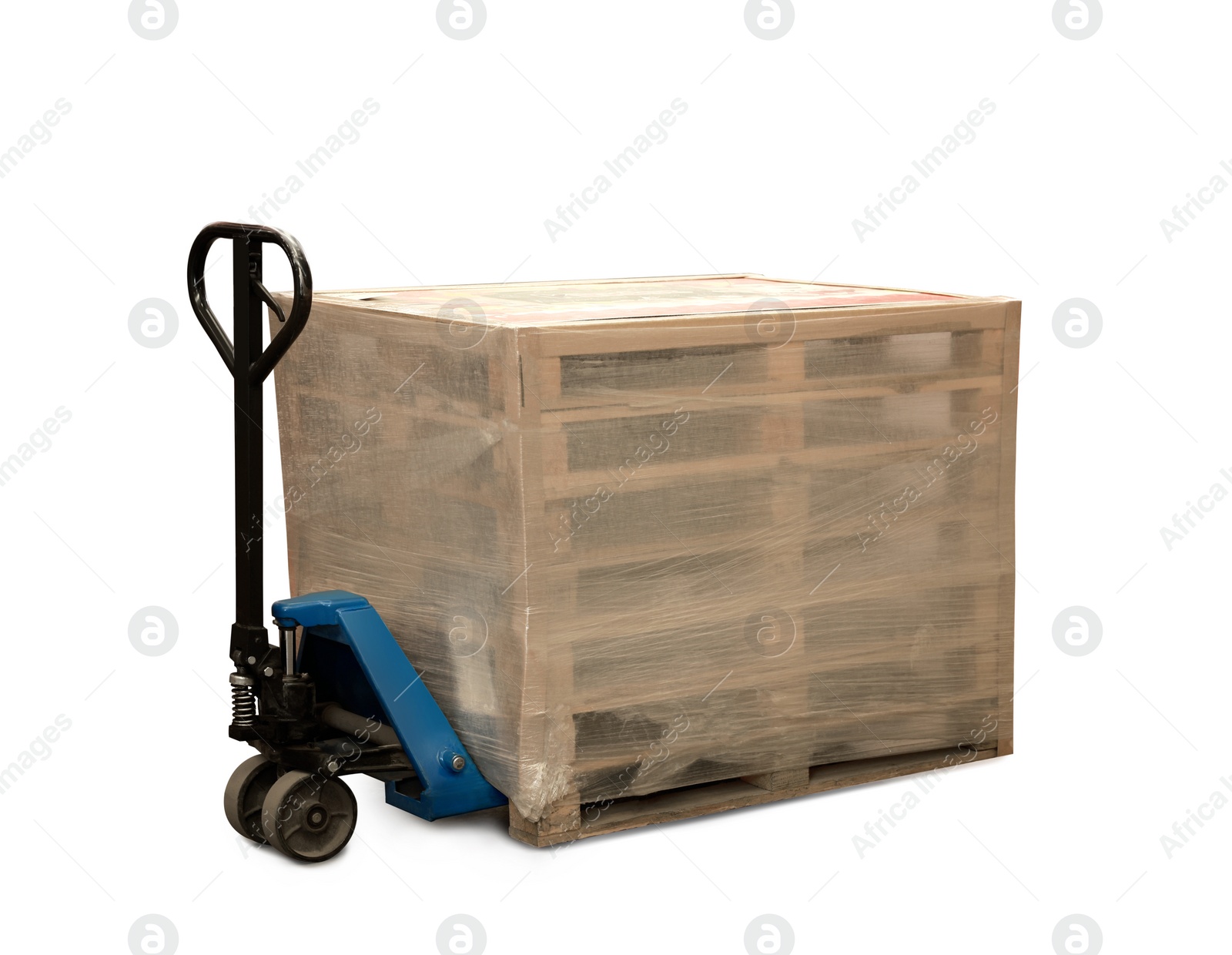 Image of Modern manual forklift with wooden pallets on white background