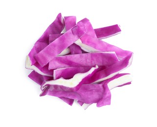 Photo of Shredded fresh red cabbage isolated on white, top view